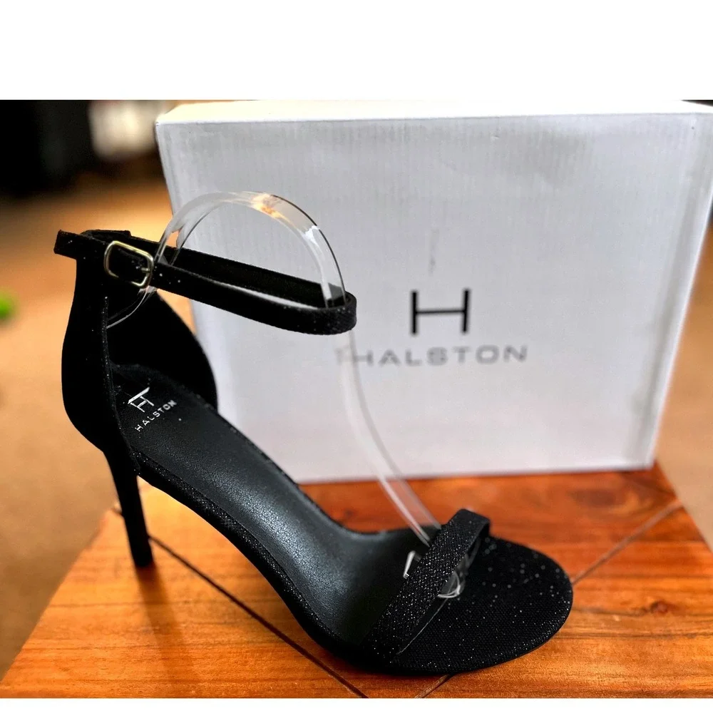 Halston Maui Black Glitter Stiletto Ankle Strap Sandals Heels US 10 EU 41